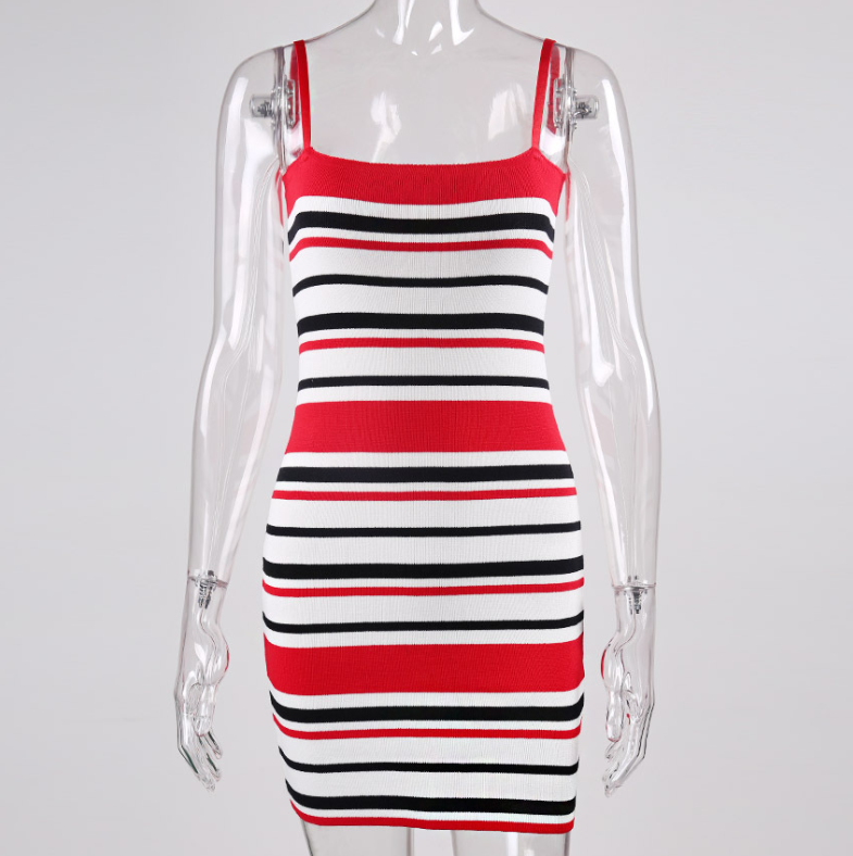 Style Knit Stripe Dress Women's Fashion Strap-top Wrap Skirt