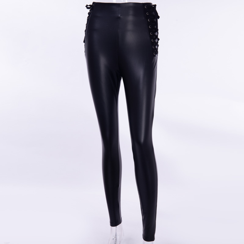 Style Pu Leather Trousers With Pencil Lining And Velour Side Band Back Zipper For Commuting Leisure