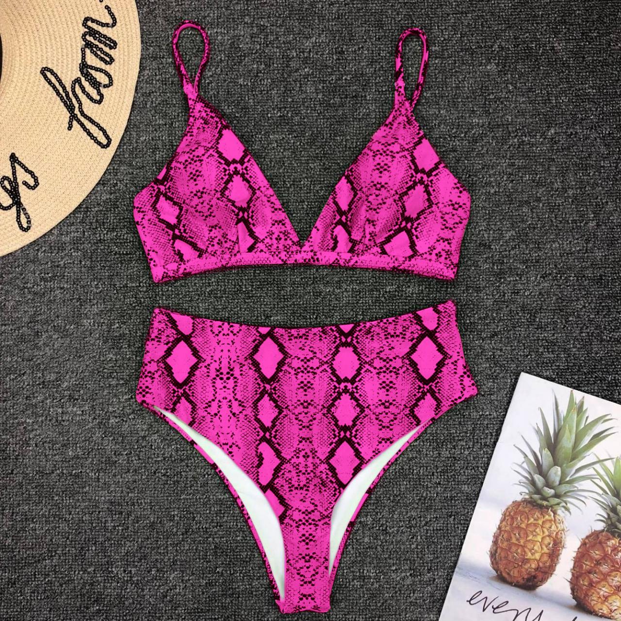 Sexy High-waist Bikini 9120 With Snake-print Leopard Print On Swimsuit Pink
