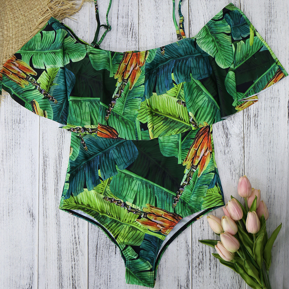 2009 Shredded Flower Swimsuit Woman Shoulder Lotus Leaf Siamese Xingcheng Swimsuit Explosion Green