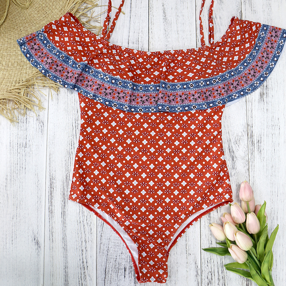 2009 Shredded Flower Swimsuit Woman Shoulder Lotus Leaf Siamese Xingcheng Swimsuit Explosion Red