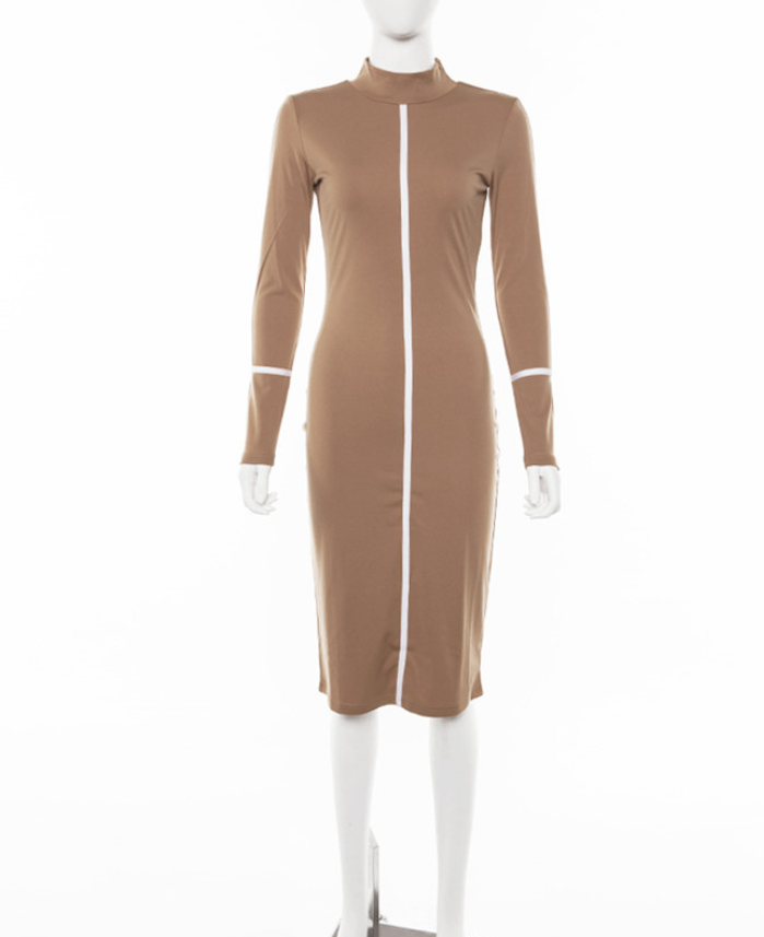 Fashion 2019 Women's Contrast Color Long-sleeved Temperament Slim Long Dress