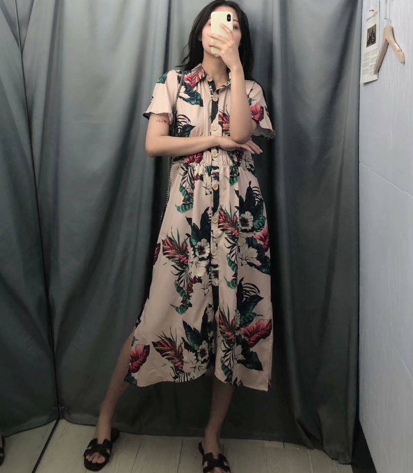 2019 Short-sleeved Women's Skirt Flower Print Dress