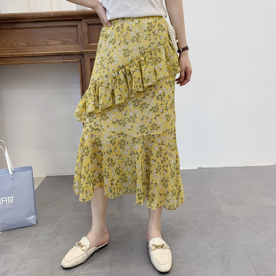 2019 Chiffon Watermark Floral Long Long Irregular Skirt