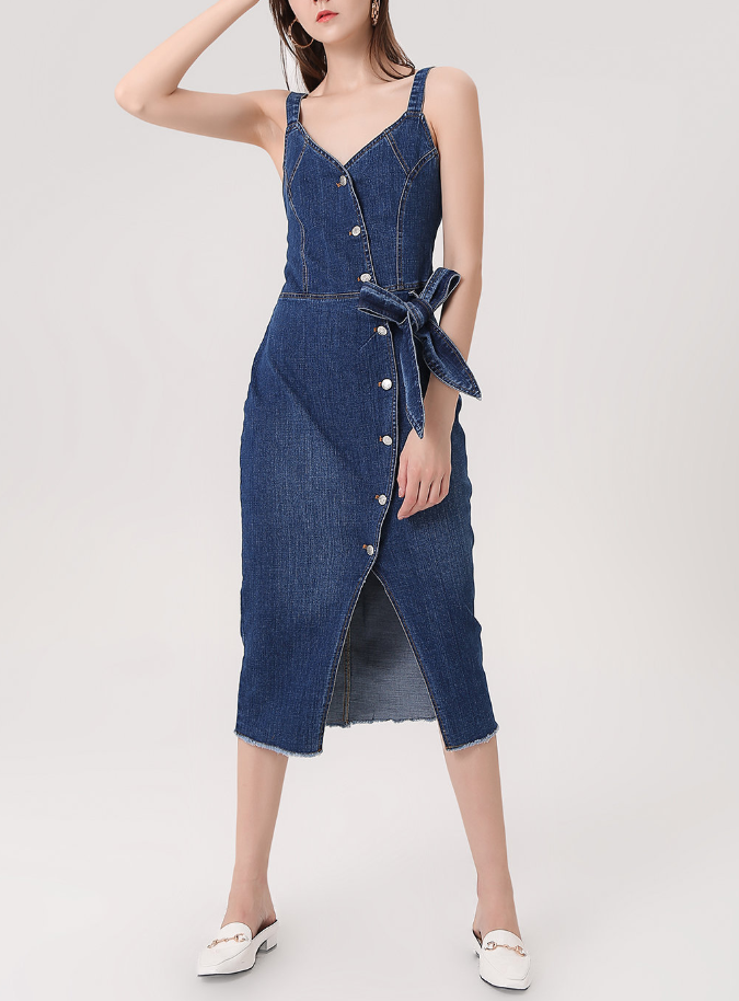 denim dress with bow tie