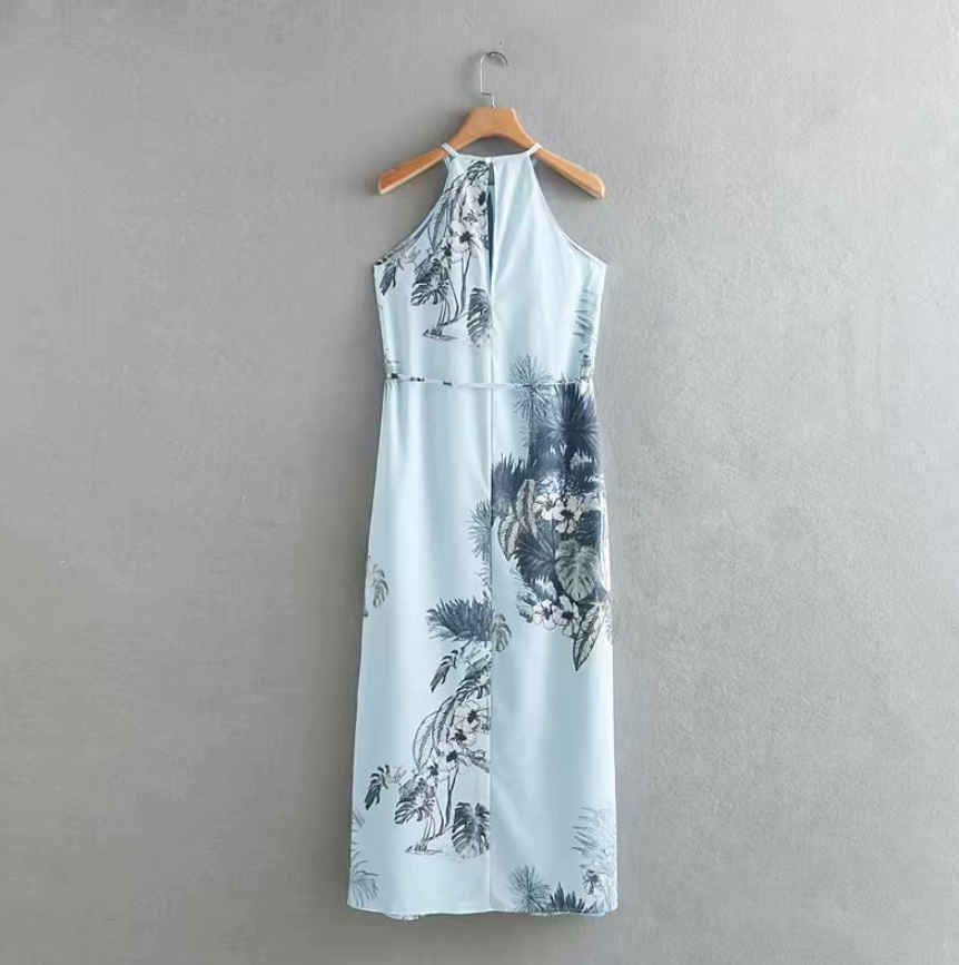 2019 Lace High Waist Printed Slit Skirt Hanging Neck Dress Dress