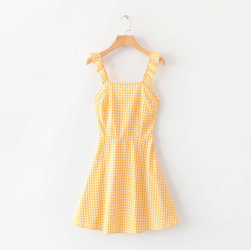 2019 Ruffled Suspender Skirt Halter Strap Yellow Plaid Dress