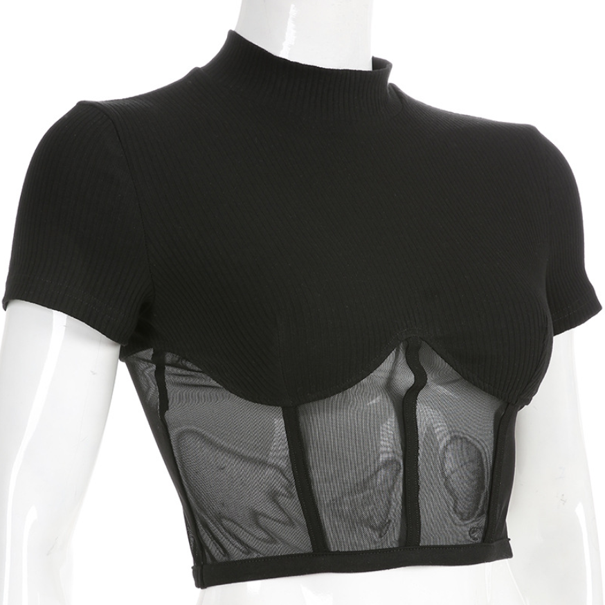 2019 Women's Explosions Small High-necked Pit Mesh Gauze Stitching Sexy Umbilical Top