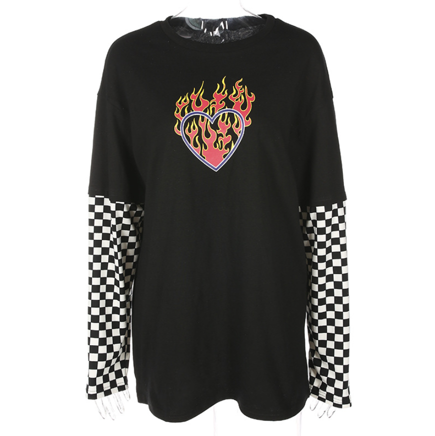 2019 Explosion Style Wind Flame Print Checkerboard Long Sleeve Long T-shirt