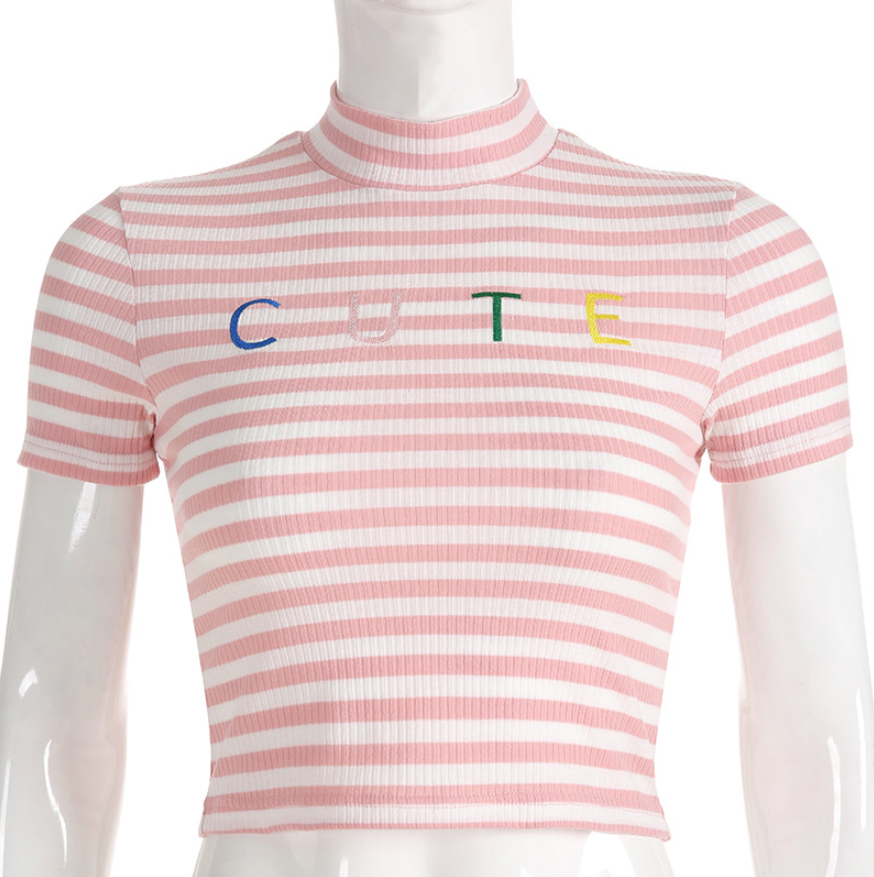 Selling Women's Fresh Pink White Striped Letters Embroidered Navel High Collar Knit T-shirt Women