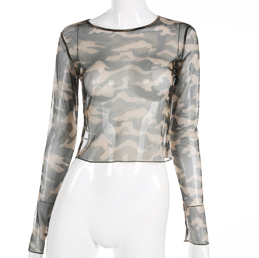 2019 Women's Camouflage Mesh Perspective Slim Navel T-shirt Outer Cover Shirt