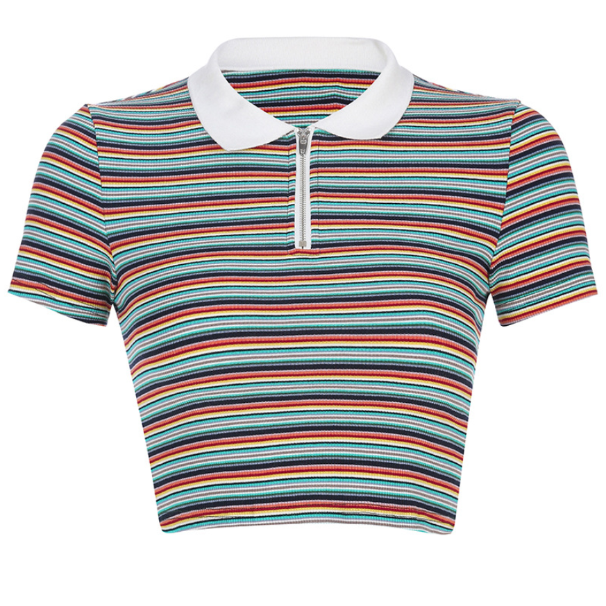 2019 Women's Shirt Color Zipper Lapel Striped T-shirt Female