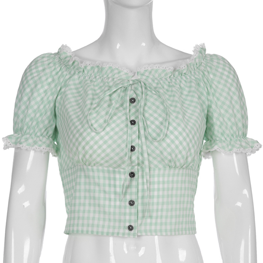 2019 Fashion Small Fresh Green Plaid Word Shoulder Strapless Waist T-shirt Female