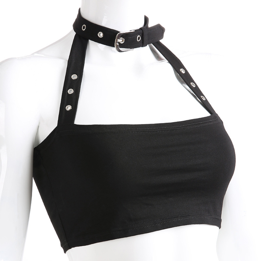 2019 Cotton Metal Buckle Hanging Neck Sexy Ultra Short Vest Female