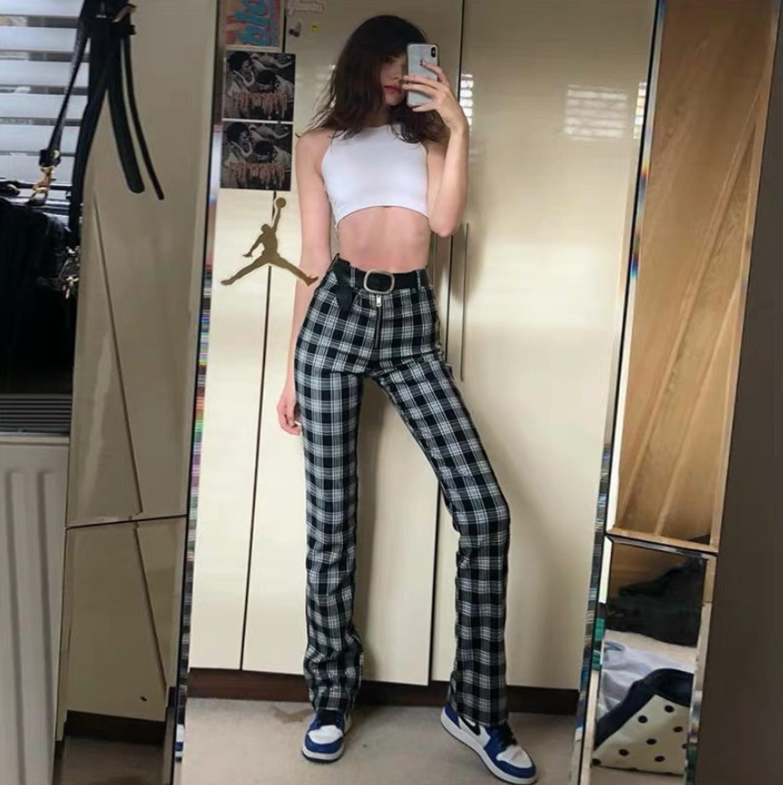 2019 Explosion Models Women's Zipper Black And White Plaid Slim Casual Pants Women