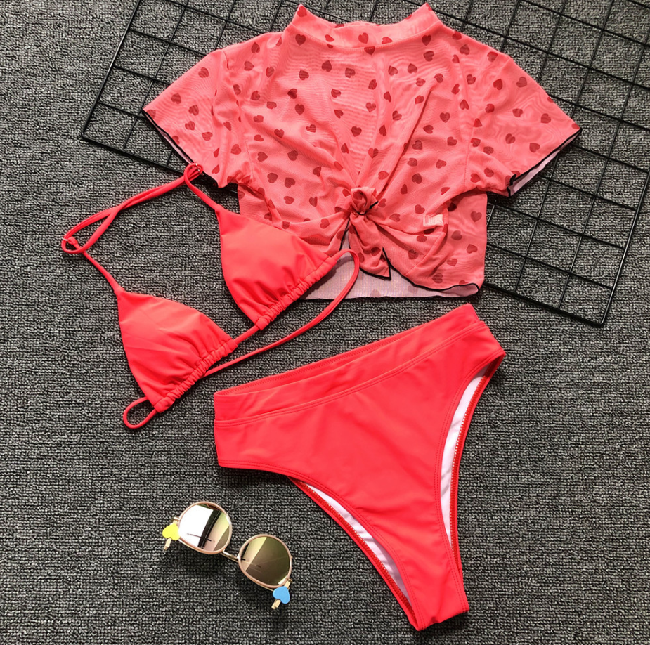 2019 Explosion Models Knotted Split Swimsuit Sexy Half Sleeve Three-piece Bikini Solid Color