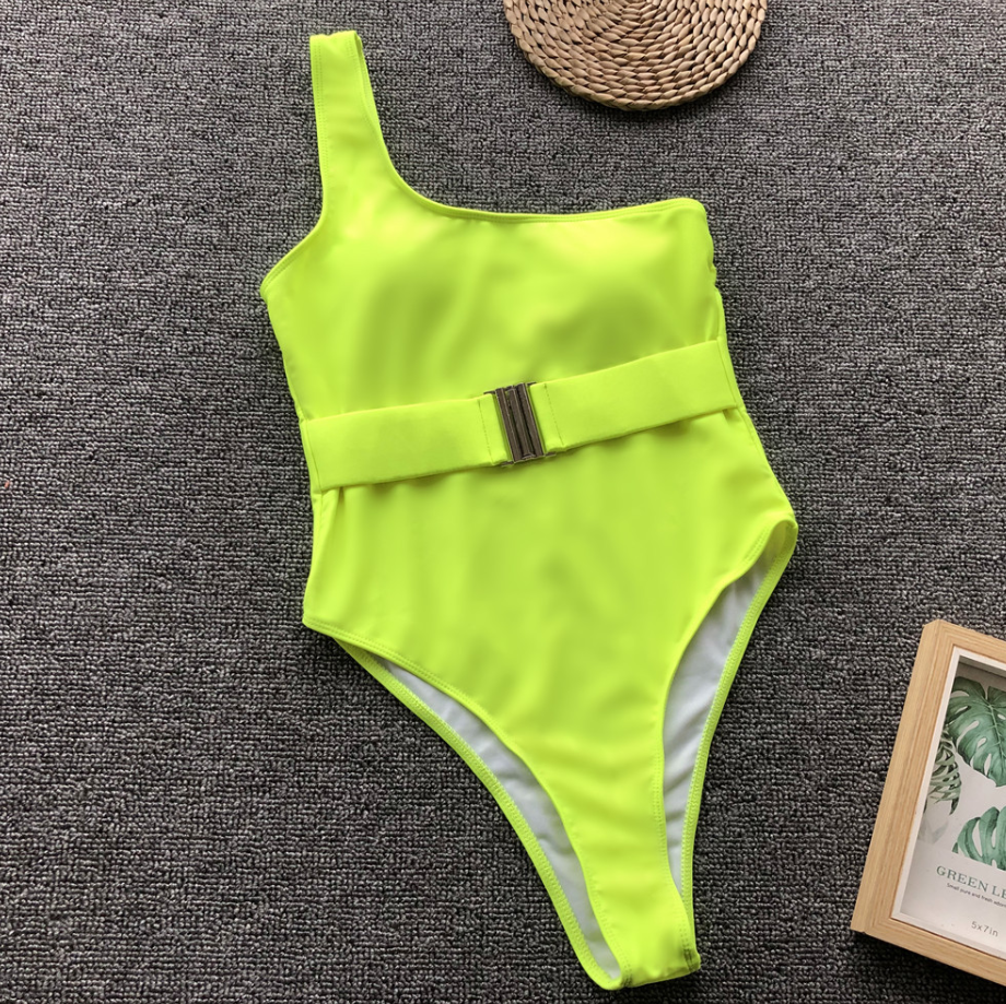 2019 Explosion Style One-piece Swimsuit Solid Color Fluorescent Green Belt Buckle One-piece Bikini