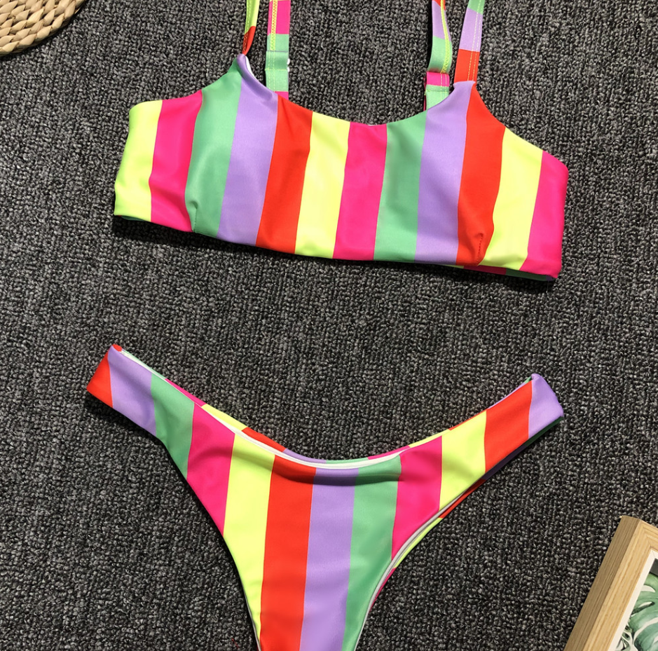 2019 Explosion Models Bikini Stitching Sports Color Striped Sexy Split Swimsuit