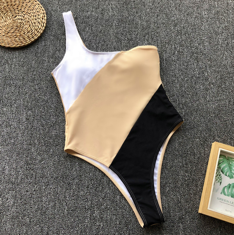 2019 new women's one-piece swimsuit stitching one-shoulder sexy one-piece bikini