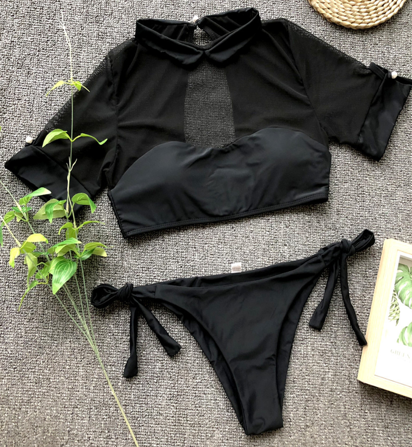 2019 Ladies Bikini Split Mesh Half Sleeve Swimwear Sweet Wind