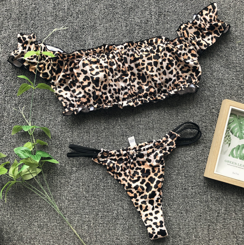 2019 Explosion Models Bikini One Shoulder Short Sleeve Ladies Split Swimsuit Leopard Print