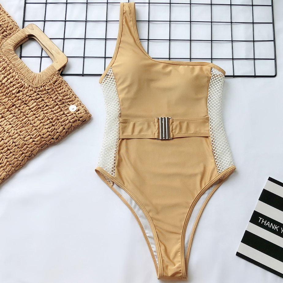 2019 Explosive One-piece Swimsuit One Shoulder Strap Belt Grid Bikini One-piece Swimsuit
