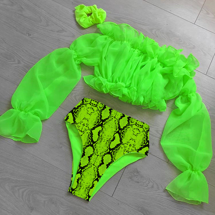 Explosion Chiffon Long Sleeve Lace Bikini Snake Sexy Swimsuit Split Swimsuit Fluorescent Green