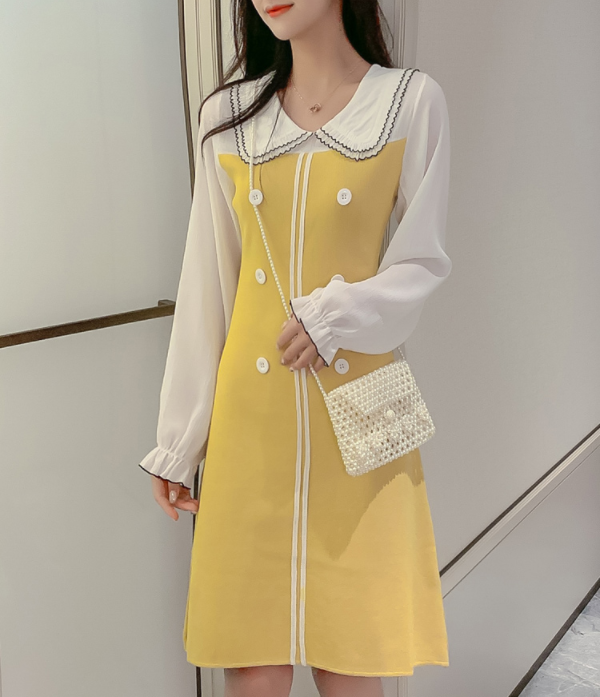 Early Autumn Knitted Chiffon Stitching Dress Children's Doll Collar Long Long Sleeve Bag Hip Skirt Yellow