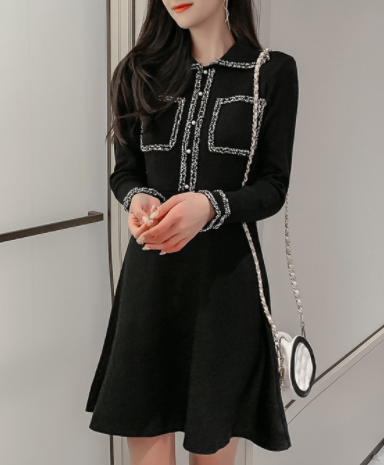 Autumn Waist Polo Collar Solid Color A Word Long Sleeve Knitted Dress Black