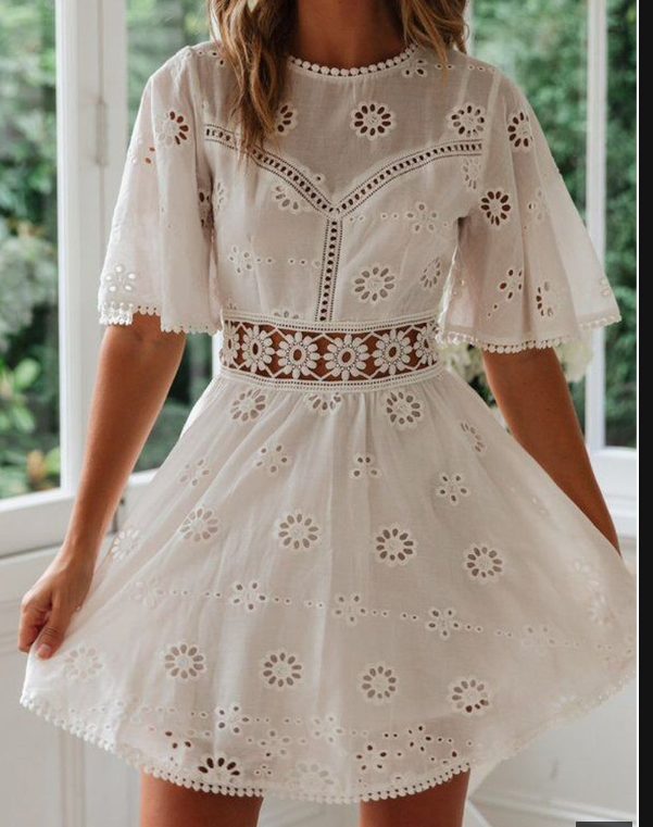 Sexy Cut Out Cotton Embroidery Short Sleeve Open Back Cross Border Women's Dress