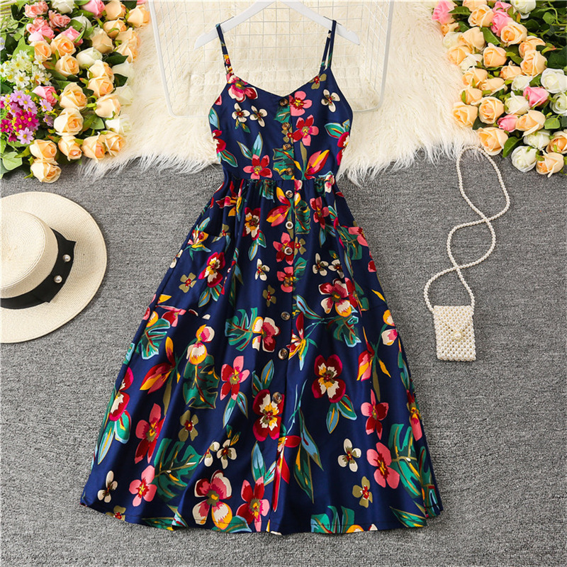 Summer Mid-length Cotton Silk Dress High Waist Slim Floral Skirt Suspender Dress