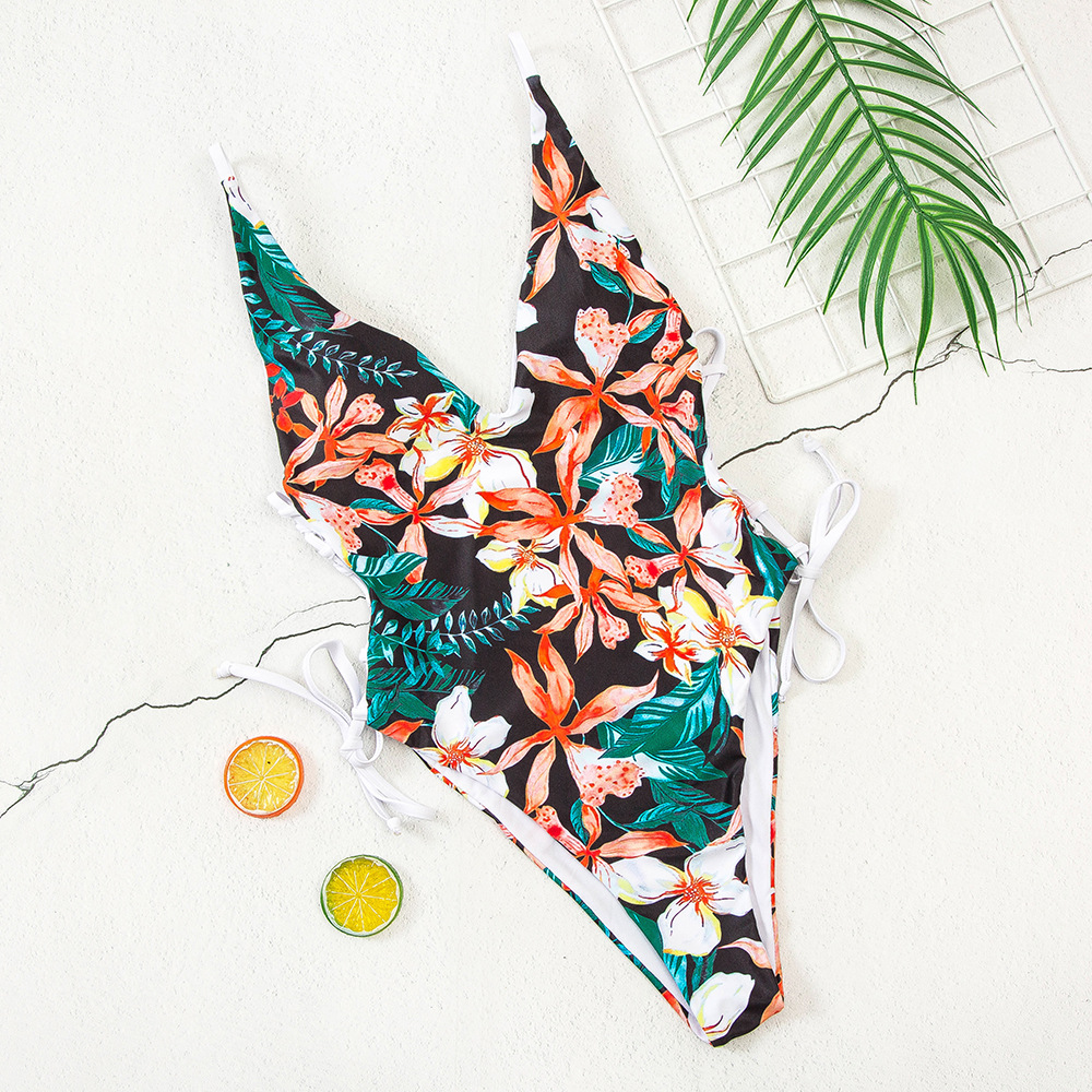 One-piece Swimsuit Floral Strap Deep V Sexy Bikini Swimwear