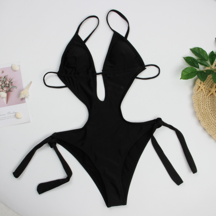 Sleeveless High-fork Skinny Slim Cross Bikini Casual Black Sexy Solid Color Swimsuit Swimwear