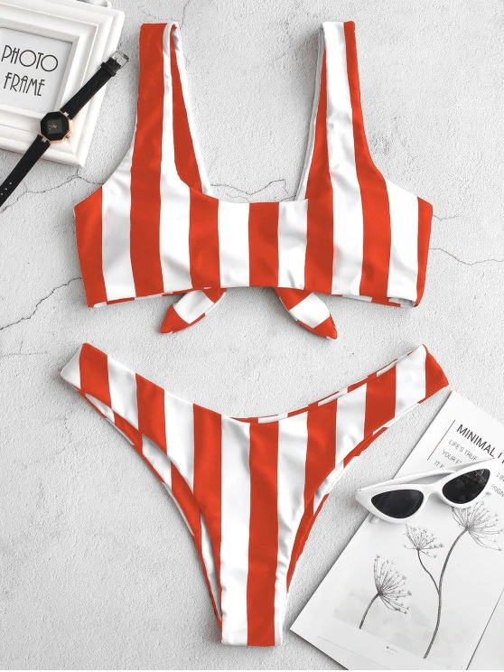 Striped Bowknot Swimsuit Feminine Split Bikini Swimwear