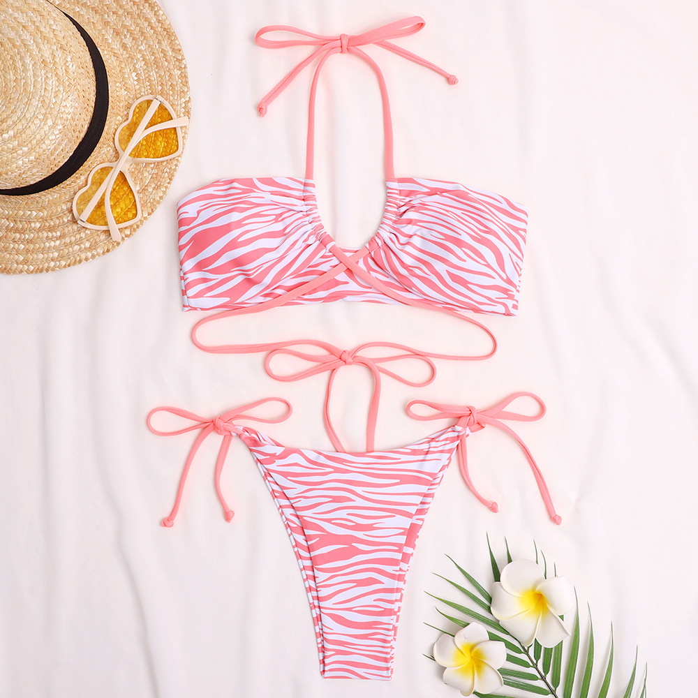 Bikini Sexy Lace-up Striped Print Split Swimsuit Swimwear