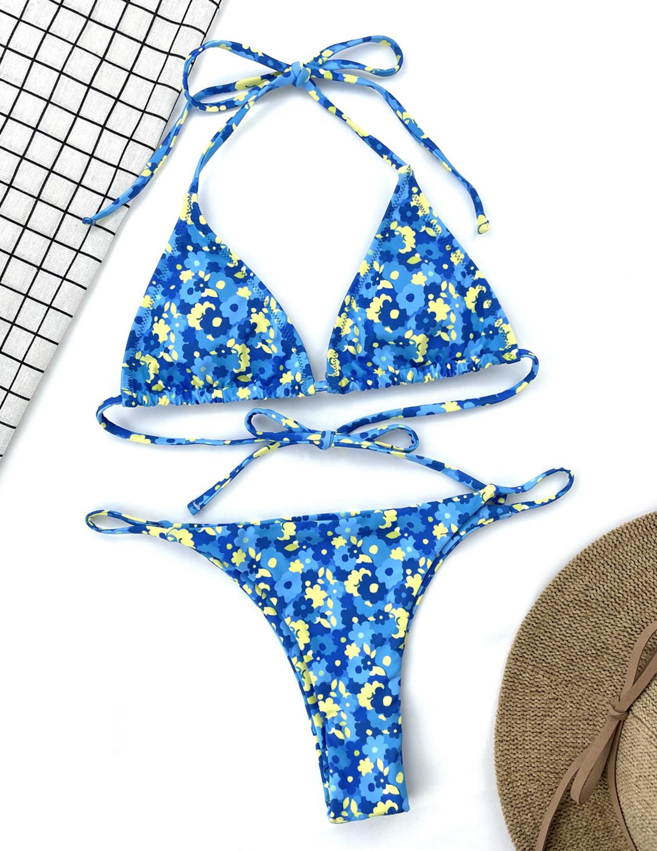 Ladies Split Swimsuit Blue Floral Lace Bikini Swimwear