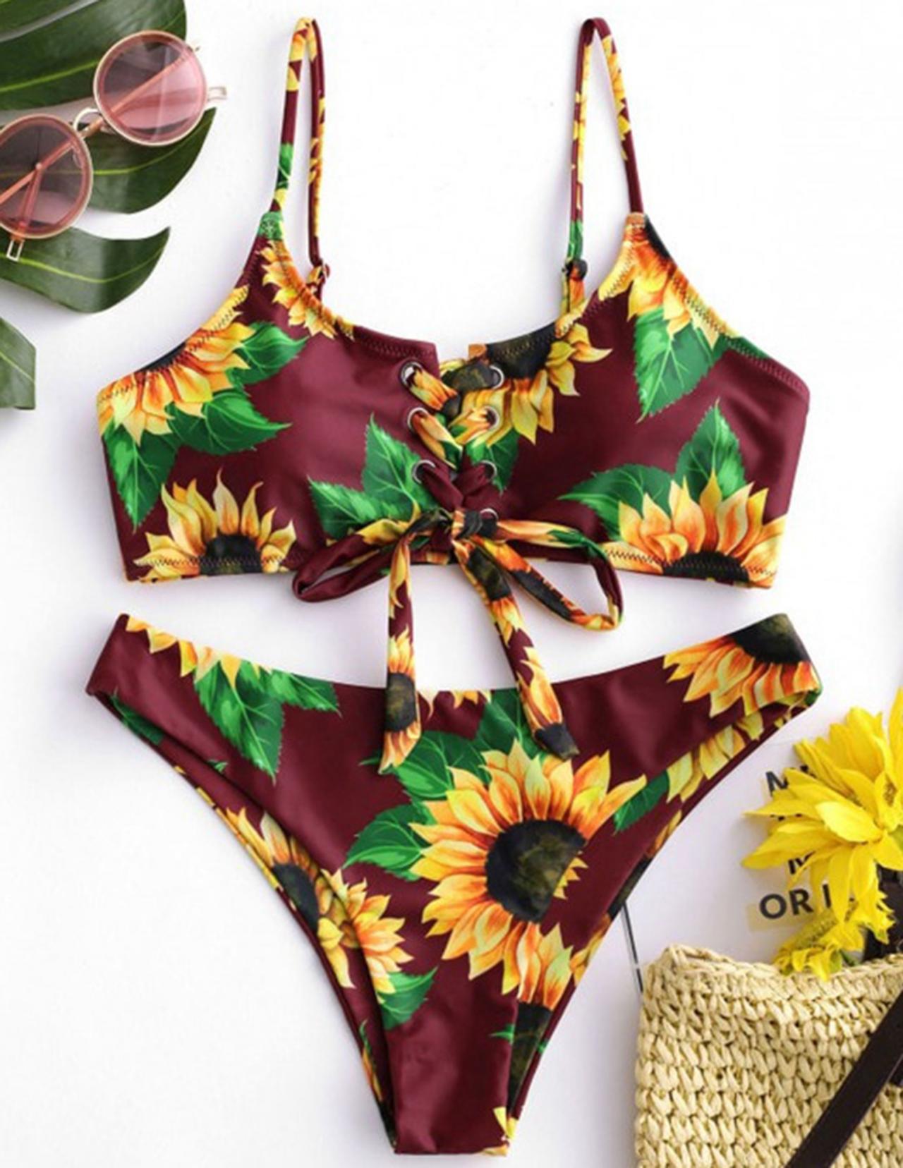 Ladies Bikini Split Sexy Sunflower Print Fresh Swimwear Swimsuit