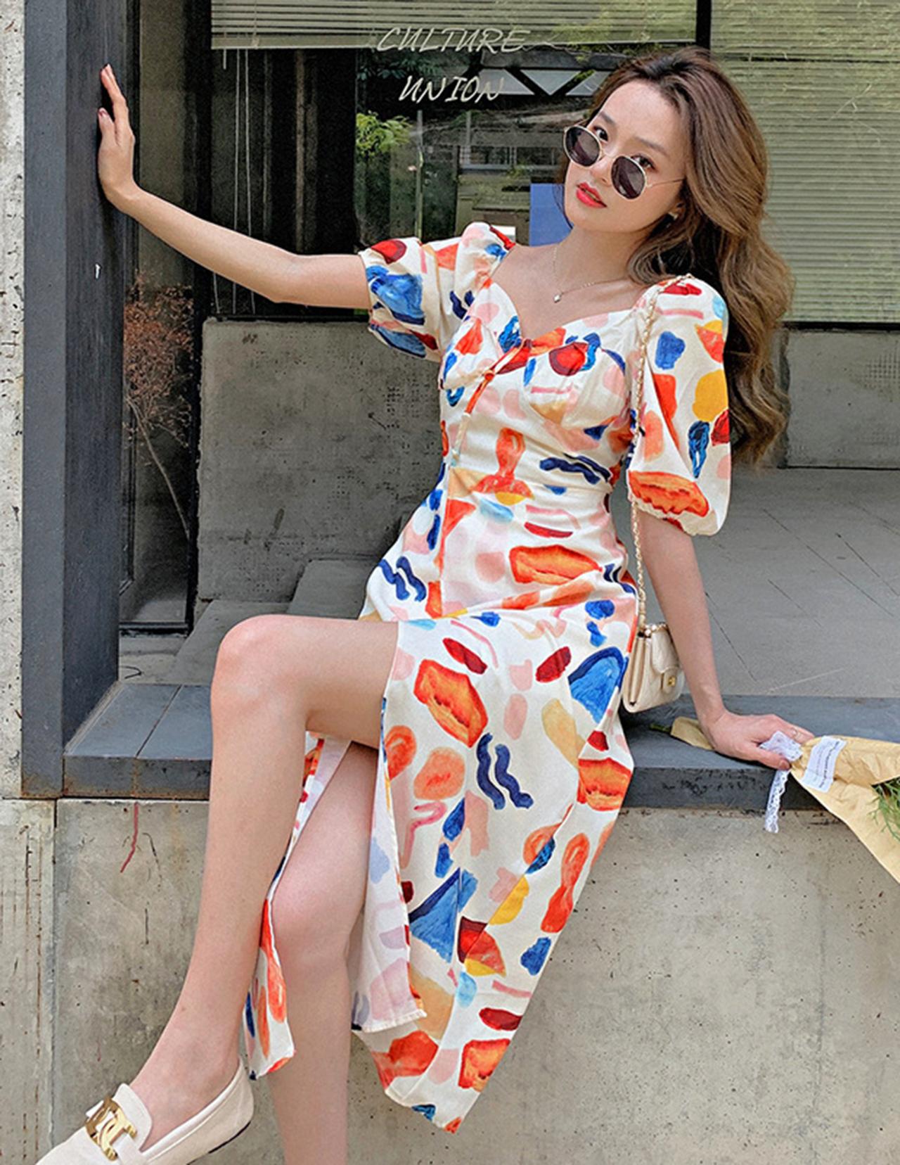 Summer Retro Dress Style Puff Sleeve Oil Painting Dress Temperament Slit Skirt