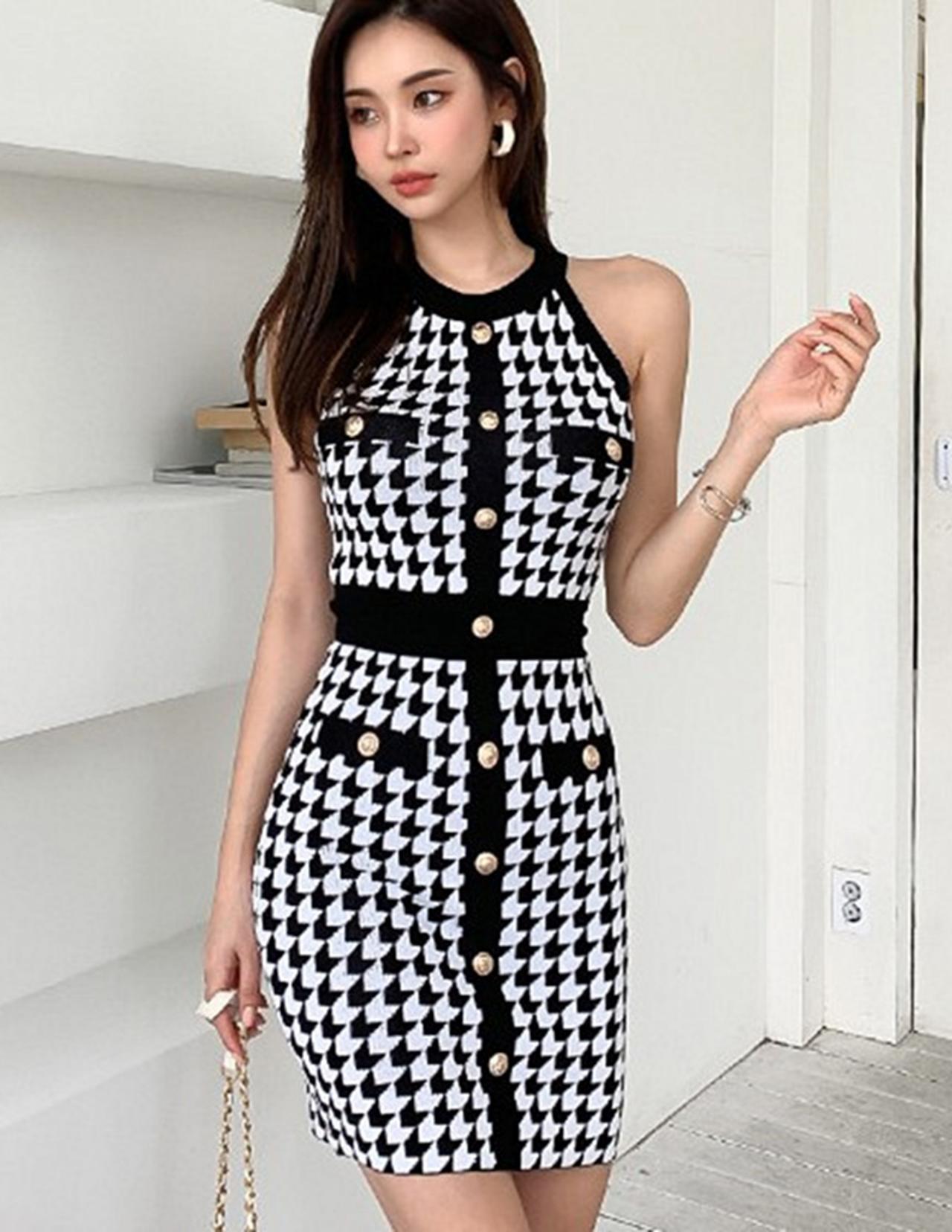 Summer Houndstooth Knitted Dress Single-breasted Sexy Slim Bag Hip Skirt