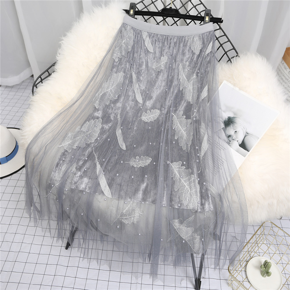 Beaded Mesh Mid-length Skirt, High-waisted Feather-embroidered Pleated Fairy Skirt