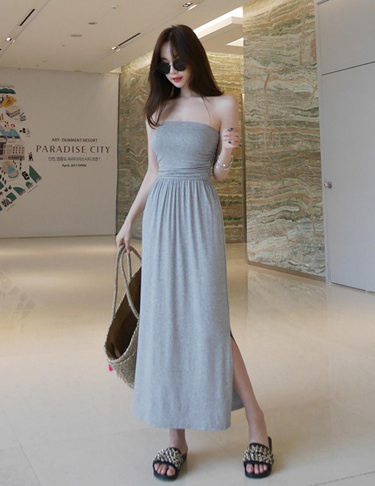 Summer Style Side Slit Folds Strapless Breast-wrapped Dress Modal Long Skirt Casual One-step Skirt