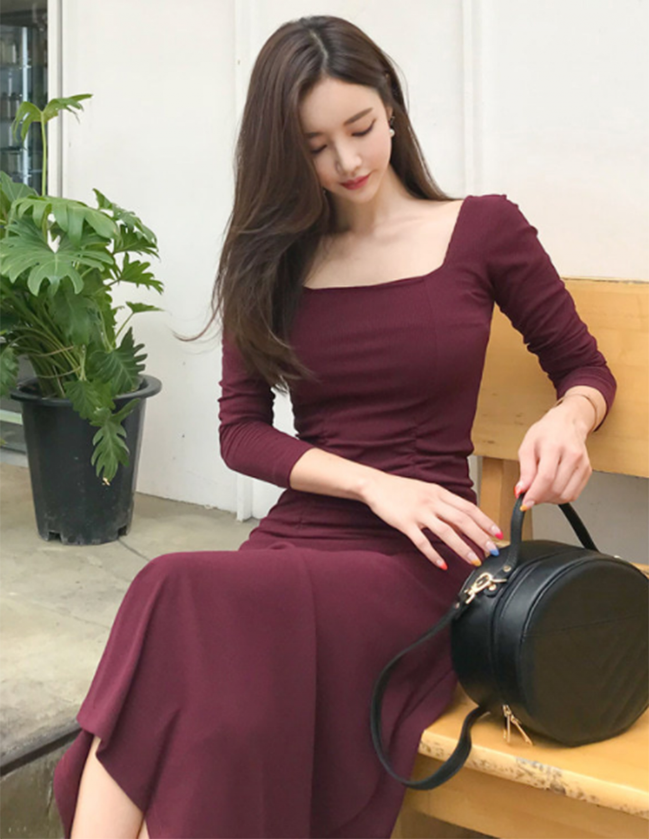 Product Long-sleeved Slim-fit Knit Dress With Pleated Square Neck And Large Swing Dress