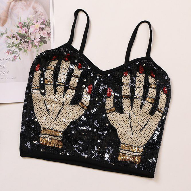Style Sexy Embroidered Sequined Magic Hand For Outer Wear Short Navel Camisole Vest