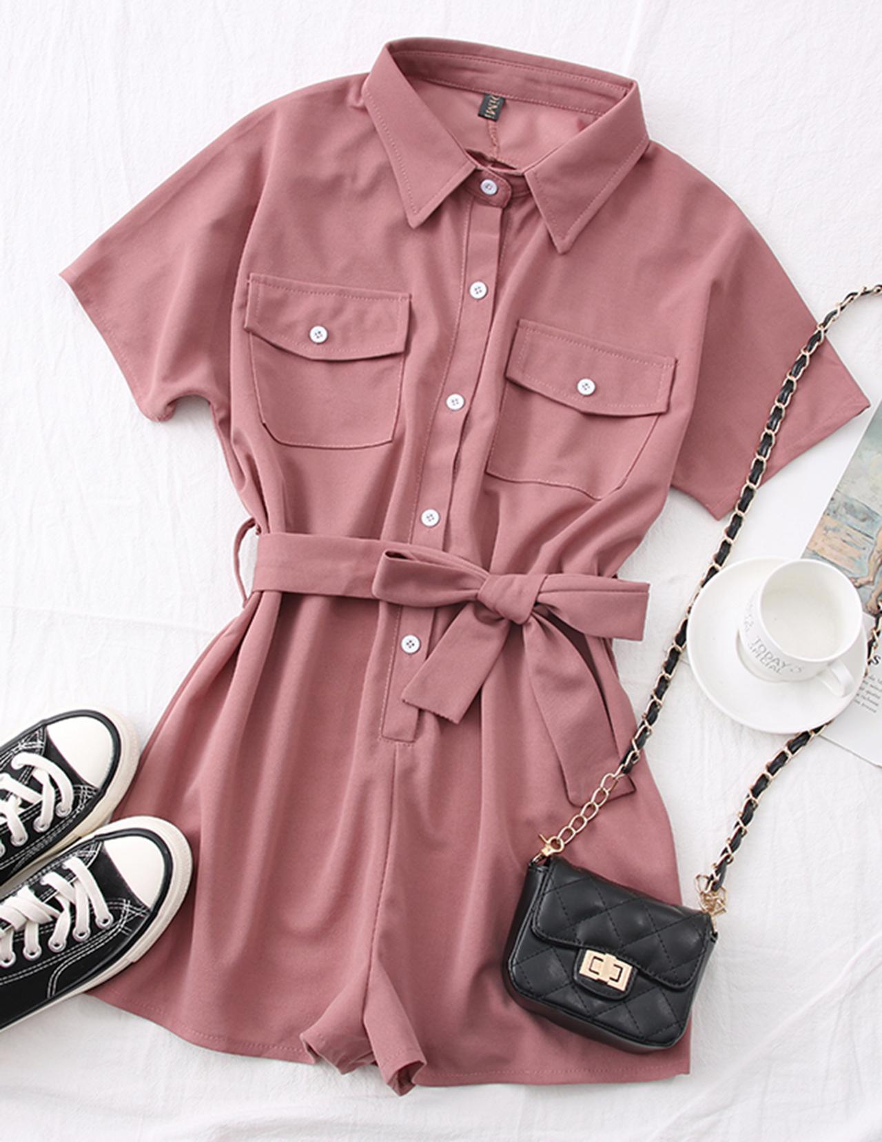 Summer Fashion All-match Polo Collar Waist Tie Short-sleeved Jumpsuit Wide-leg Pants Overalls