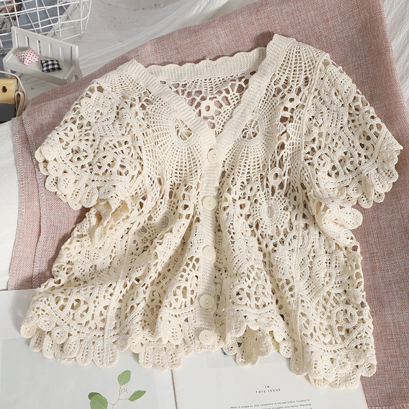 Hollow Small Cardigan Summer Short Lace V-neck Knitted Sweater Buttoned Shirt Top