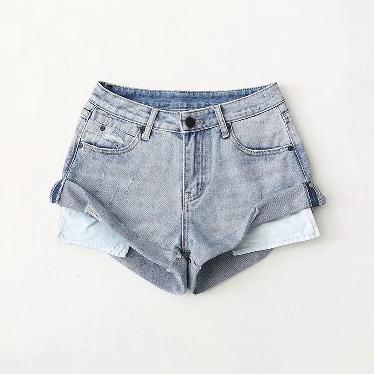 Holed Denim Pants Flannel Pocket High Waist Shorts Women's Summer Trend