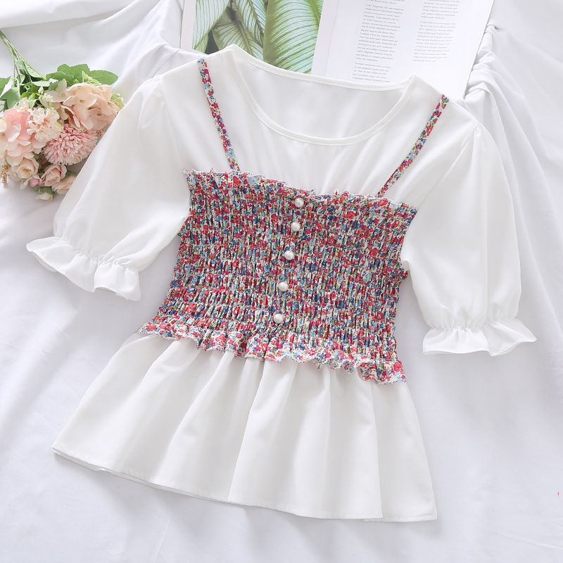 Summer Floral Stitching Age-reducing Chiffon Shirt Waist All-match Blouse Top