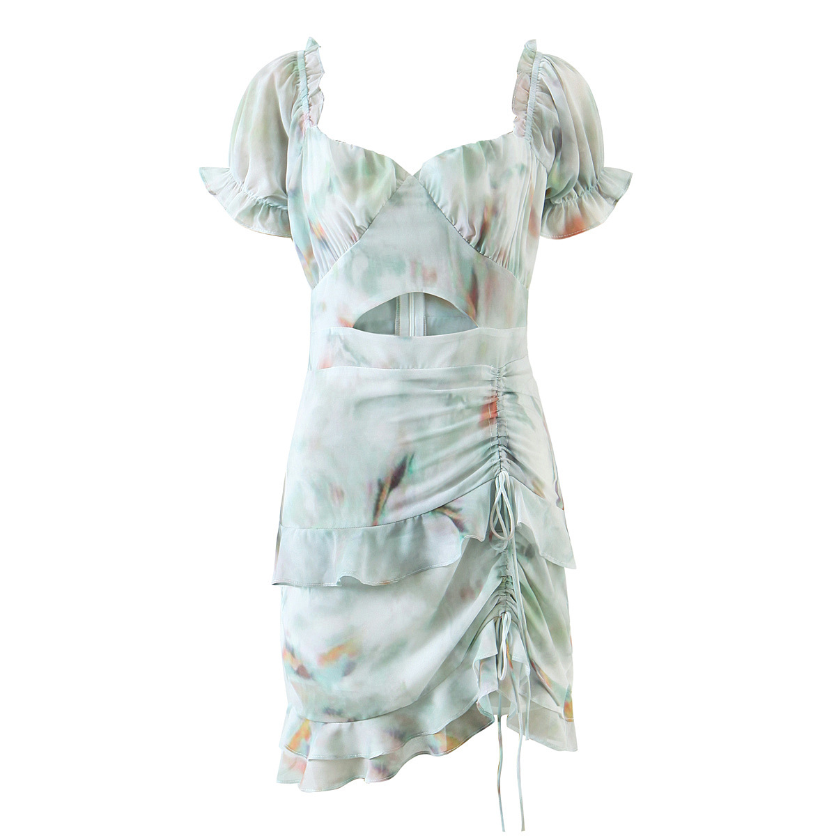 Summer Style Slim Print Square Neckline Ruffle Side Drawstring Dress