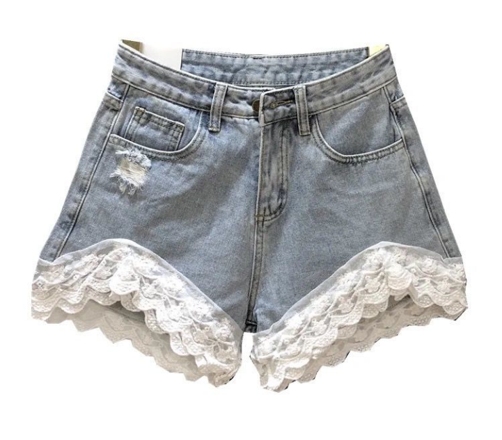 Korean Version Loose And Thin Splicing Lace Wide Leg A-shaped Hole Jeans Shorts Women's Pants