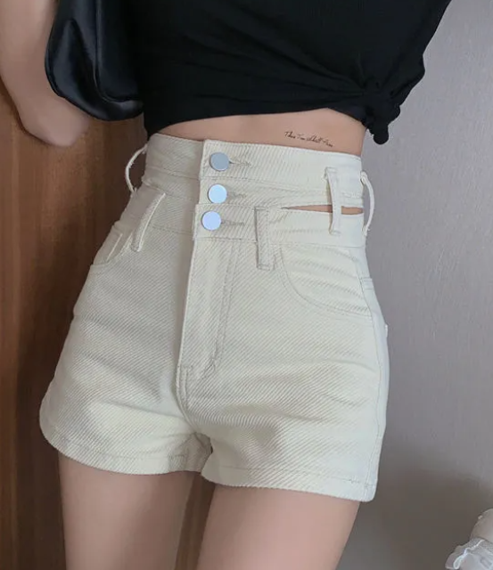 High waist denim shorts women's new SLIM STRAIGHT pants in summer show thin design sense hollow tooling a